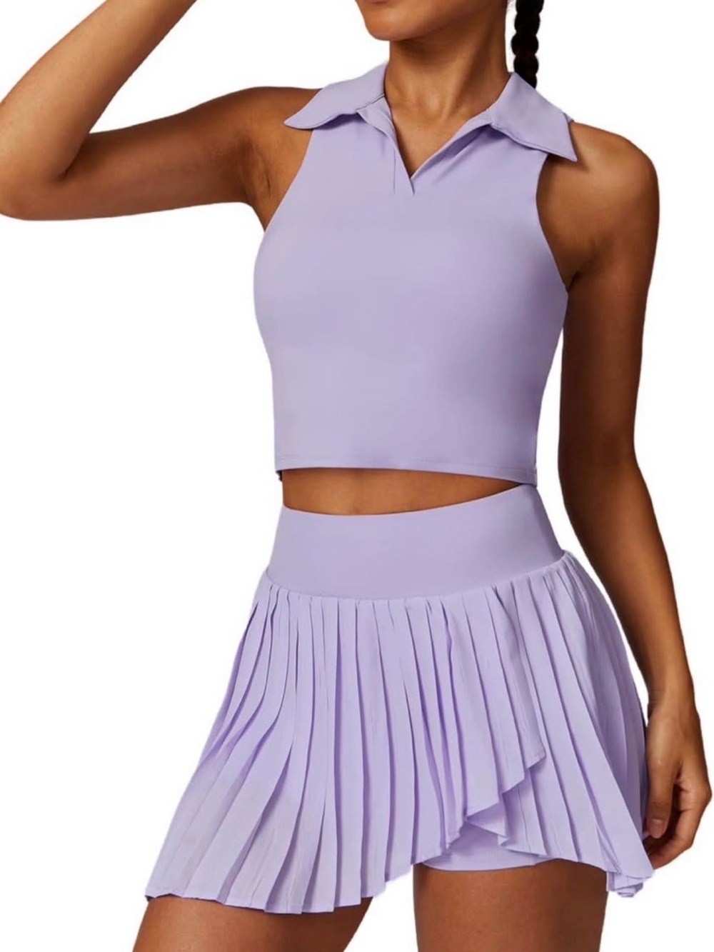 Pleated Mini Skort Set in Lavender - Collared Crop Top